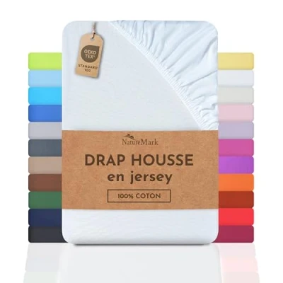 Image de NatureMark Drap Housse en Jersey, 100% Coton, Disponible dans de Nombreuses Tailles et Couleurs, qualité Oeko Tex Standard 100, 90 x 200 cm 100 Blanc