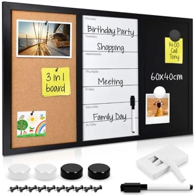 Image de Navaris tableau affichage mixte noir ardoise liège 60x40 cm Kit fixation craie aimant punaise