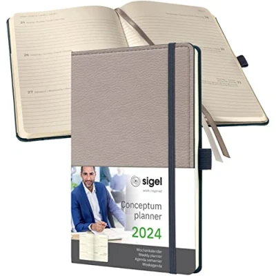 Image de SIGEL C2453 Agenda semainier 2024, motif rétro, A5, couverture rigide, beige Conceptum