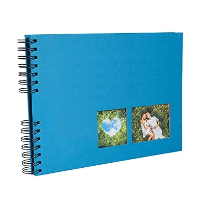 Image de Exacompta Réf. 15002E Album photos à spirales MILANO 150 50 pages noires format 32 x 22 cm couverture en papier bleu effet textile fenêtre de personnalisation certifié FSC