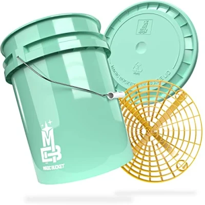 Image de MAGIC BUCKET Ensemble de lavage à la main pour voiture seau Avec couvercle assorti 5 US GALLONEN env. 20 litres Grit Guard Kit menthe/jaune