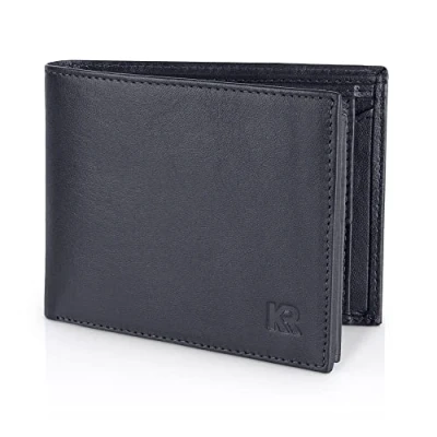 Image de KRONIFY Portefeuille pour Hommes Porte Monnaie en Cuir véritable Protection RFID Compartiment à 13 Compartiments Cartes Couture renforcée Format Horizontal Nappa Bleu foncé