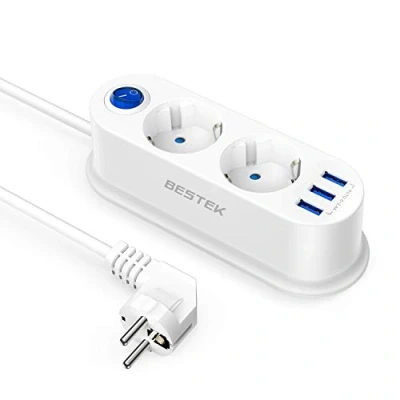 Image de BESTEK Multiprise de Bureau avec 2 Bolc Prises et 3 USB Charger,1 Interrupteur d&#039;alimentation 2500W,Convient pour la Maison, Les Dortoirs du Campus, Bureaux, Voyages Autres Scénarios