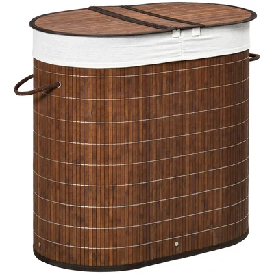 Image de HOMCOM 100L Cage à linge sale en bambou avec couvercle 2 compartiments 62,5x37x60,5cm