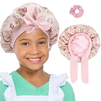 Image de SENGTERM Bonnets pour enfants Bonnette en soie à double couche dormir Casquette satin réversible avec une large bande élastique (2 8 ans) (Pink flower, Taille unique)