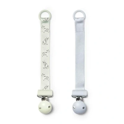 Image de Elodie Details Lot de 2 attache tétines, en tissu et clip bois, anneau universel silicone, s&#039;adapte à tous les design scandinave Darling Dalmatians/Bermuda Blue