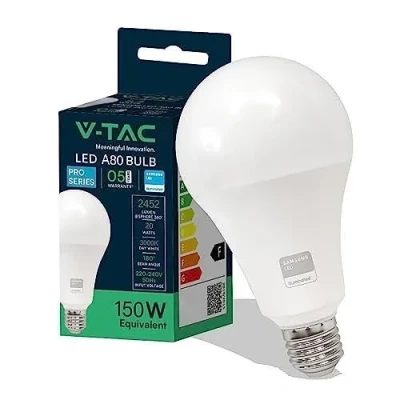 Image de V TAC Ampoule LED culot E27 20W (équivalent 150W) A80 2452 Lumen 3000K Blanc Chaud Ouverture du faisceau lumineux 200 Efficacité Maximale et Économie d&#039;Énergie