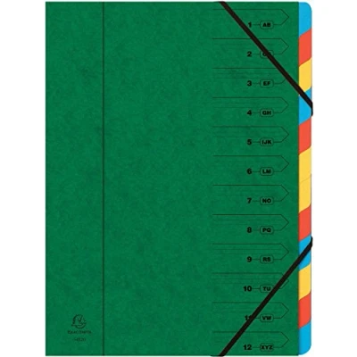 Image de Exacompta Réf. 54120E Carton de 8 trieurs dos agrafé avec élastiques couverture imprimée en carte lustrée et intérieur recyclée 12 compartiments 24,5x32cm pour A4 assorties