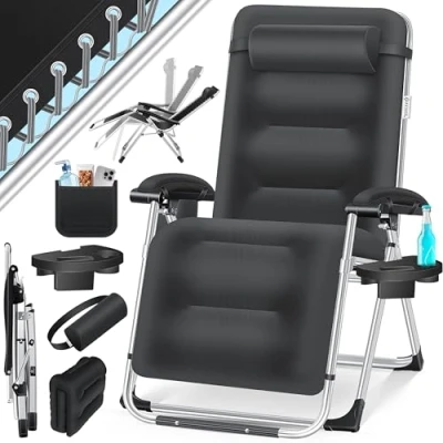 Image de KESSER® Chaise longue de jardin pliable extra large et résistante aux intempéries Charge maximale : 200 kg Rembourrage ergonomique Dossier réglable avec coussin nuque, porte gobelet