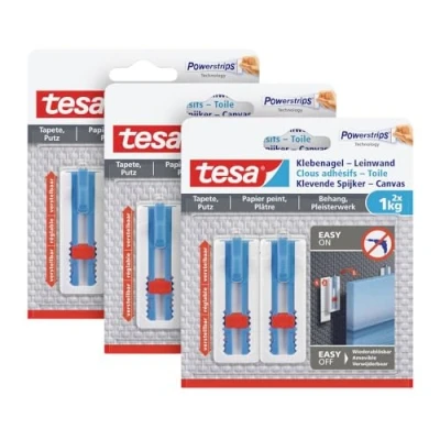 Image de tesa Clous Adhésifs pour la Fixation de Toiles et Cadres sur Papier Peint Plâtre Hauteur Réglable Adhérence Jusqu&#039;à 1 kg/Clou S&#039;enlèvent sans Traces Blanc Lot 3