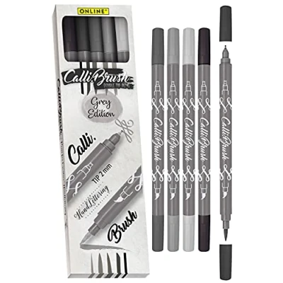 Image de Online Parure Calli.Brush Gris, set de 5 stylos feutre calligraphie avec deux côtés (côté 2mm et côté pinceau flexible) pour handlettering/bullet journaling/écriture créative