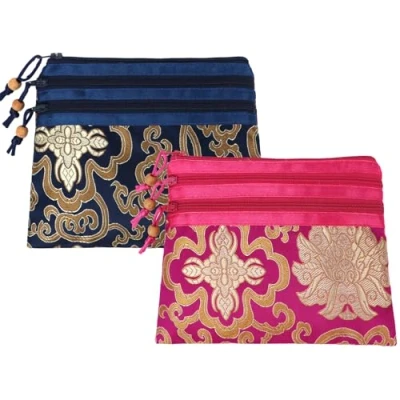 Image de Kilofly Lot de 2 pochettes à bijoux en brocart soie chinoise avec 3 fermetures éclair Set2 C,