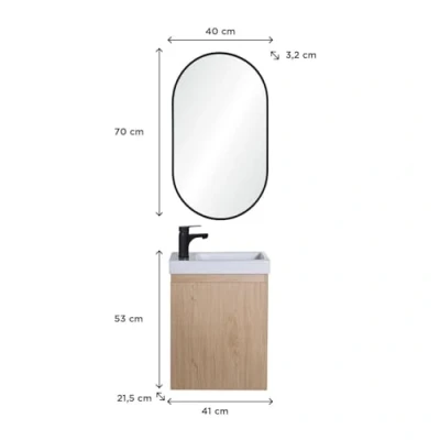 Image de Meuble Lave Mains Lisa décor chêne + Robinet Noir Miroir Ovale