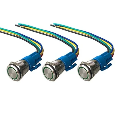 Image de QitinDasen 3Pcs Premium 12V / 24V 5A Interrupteur à Bouton Poussoir Momentané, Commutateur 16mm, Vert LED Etanche IP67 avec Fil de Prise Courant