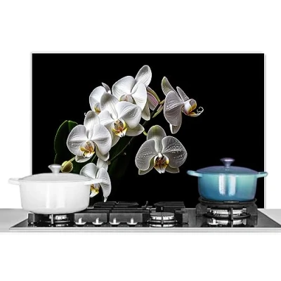 Image de KitchenYeah© Fond de Hotte 90x60 cm Aluminium Crédence Cuisine Décoration Murale Plaque Cuisson Anti Projection Orchidée Fleurs Blanc Nature Noir