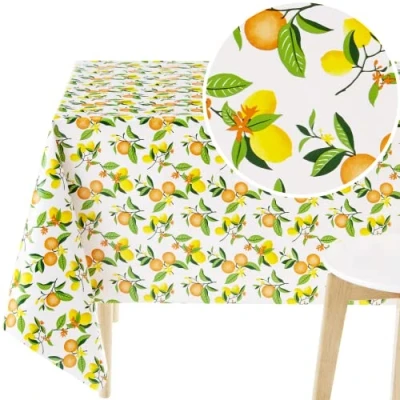 Image de KP HOME Nappe Toile Cirée Rectangulaire 140x200 PVC Joli Motif de Citron Jaune sur Fond Blanc 200x140 Plastique d&#039;agrumes Lavable Imperméable et Essuyable Exterieur 2m