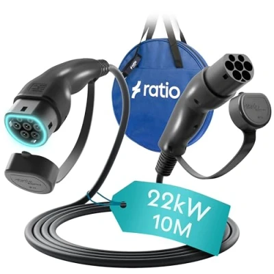 Image de Ratio Câble Recharge Voiture Electrique, Type 2 (32A / 22kW Triphasé 10 mètres) Rapide Compatible avec Tesla et Tous Les BEV/PHEV