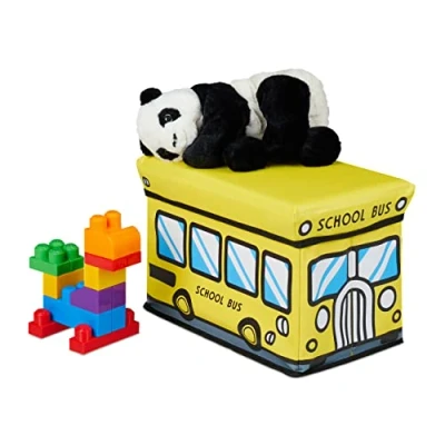 Image de Relaxdays Caisse à Jouets Pliant, Motif, boîte de Rangement avec Espace &amp; Couvercle, rembourré, 27x40x25 cm, Jaune, MDF, PVC, Mousse, Bus école, 1 pièce