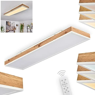Image de plafonnier LED Salmi, en métal/MDF/plastique blanc/imitation bois/marron, panneau dimmable/modifiable avec télécommande, 60 1500 lumens, 2700 6500 K, 1 x 24 watts