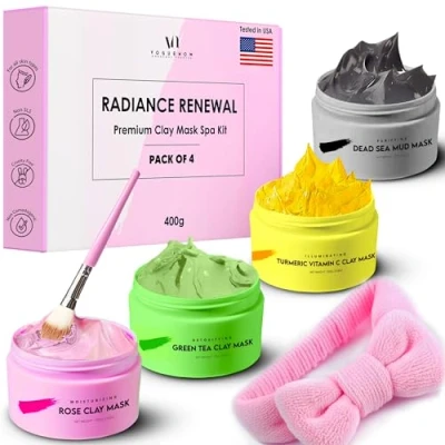 Image de Argile Masque Visage Pack Premium de 4 (400g) au curcuma, vitamine C, Thé vert, Rose, boue la Mer Morte Nettoie Le visage, détoxifie, Hydratant Point Noir, Soins Pour