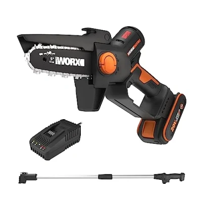 Image de WORX NITRO Mini Tronçonneuse sans Fil 20V, Moteur Brushless, PowerShare，Barre de 5 Pouces, Perche d&#039;Extension 125cm, Réglage Tension Outil, Batterie et Chargeur Inclus，WG325E.1