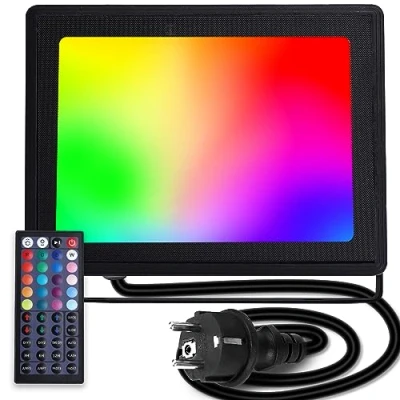 Image de Aigostar Projecteur LED d’extérieur de 50W,Projecteur RGB avec Télécommande, 6 Modes Stroboscopiques, Mode DIY, Minuterie.Projecteur Prise et Étanchéité IP65 pour jardin, fête, etc.
