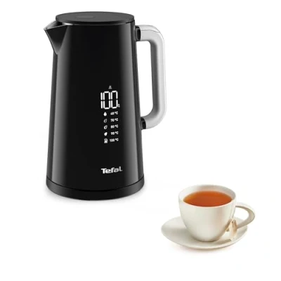 Image de Tefal Bouilloire électrique noire, Écran numérique digital,1,7 L, 5 températures, Paroi anti brûlure, Maintien au chaud 30min, Intérieur inox, Base de 360, Smart&#039;n Light KO850810