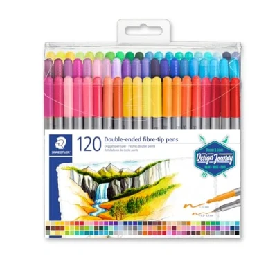 Image de Staedtler Feutres à double Pointe pour écriture et coloriage, fine de 0.5 0.8 mm compacte extra large 3 mm, Étui plastique avec 120 couleurs lumineuses différentes, 3200 TB120