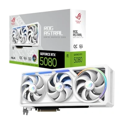 Image de Asus ROG Astral GeForce RTX 5080 16GB GDDR7 OC Edition (Blanc) Carte Graphique Gaming (PCIe 5.0, HDMI, Display 2.1, 3.8 Slot, 4 Ventilateurs axiaux, Pad Thermique GPU)