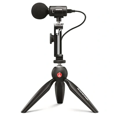 Image de Shure MV88+ Kit Vidéo Microphone Numérique Stéréo à Condensateur pour Apple et Android, avec Trépied Manfrotto Pixi, Pince Téléphone, Support, Câbles iOS USB C