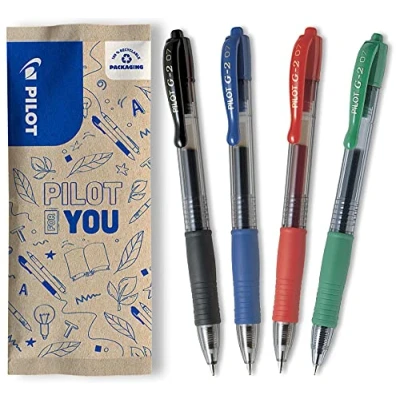 Image de PILOT Lot de 4 Stylos Gel Roller G2 Stylo Noir, Bleu, Rouge, Vert Pointe Moyenne, Plastique, Unité (Lot 1)