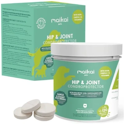 Image de MAIKAI comprimés Anti Arthrose Chien de Grande Taille 120 Complement Alimentaire concentré en Glucosamine, Chondroïtine, MSM, Omega 3 et Acide Hyaluronique Renforce Articulations