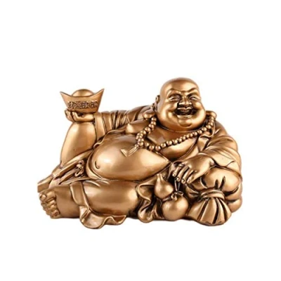 Image de lachineuse Statuette Grand Bouddha Rieur Allongé Traditions Bouddhistes Lingot Yuan Bao, Gourde Wu Lou Porte Bonheur, Chance, Fortune Statue Résine Doré 14 cm Idée Déco &amp; Cadeau Chine, Asie