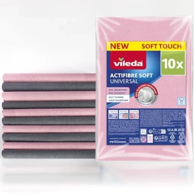 Image de Vileda Actifibre Soft Multipack 10 Chiffons Microfibres Nettoyage sans Traces Absorption exceptionnelle Doux au Toucher Rose Clair et Gris Lot de