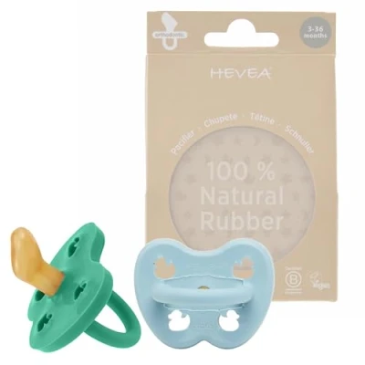 Image de HEVEA Sucette Bebe PHYSIOLOGIQUE caoutchouc naturel / 3 36 mois Sans BPA, PVC Design Danois Tétine avec 4 Trous de Ventilation Hygiénique Pack 2 tétines (Maya Bleu &amp; Pop of Green)