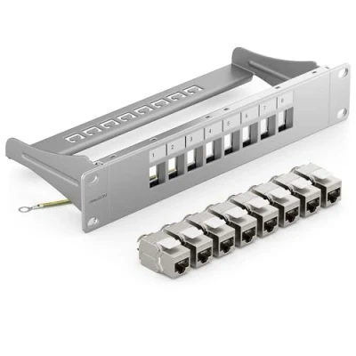 Image de deleyCON SET 8 Ports CAT7 Panneau de Brassage Distribution Modulaire 1 U Installation en Rack 10&quot; + 8x Modules Keystone CAT 7 Réseau LAN RJ45 10 Gbit/s 600 MHz Câble D&#039;installation Gris