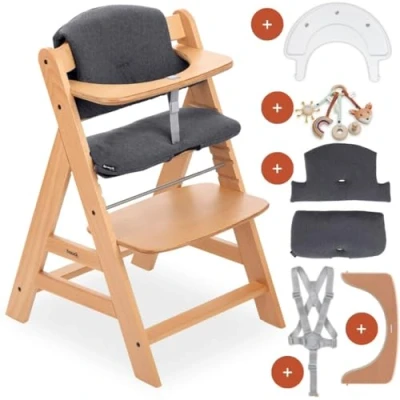Image de hauck Chaise Haute Bébé Alpha Plus en Bois, Inclus Plateau Play Tray, Hochet Bebe Catching et Coussin, à Partir de 6 Mois, Réglable Naturel Gris Foncé