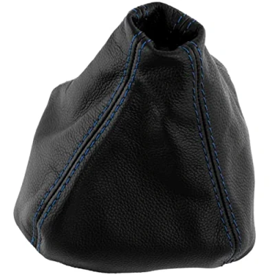 Image de AERZETIX C63789 Soufflet de levier vitesse en cuir véritable compatible avec Renault Kangoo 2 2007 à 2018 noir surpiqûres bleues pour boîte manuelle