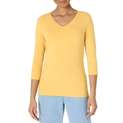 Image de Amazon Essentials T Shirt Col En v À Manches 3/4 Coupe Classique (Grandes Tailles Disponibles) Femme, Jaune Foncé, M