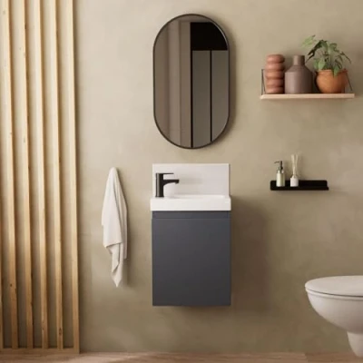Image de MOB IN Ensemble Meubles Lave Mains Lisa Gris + Miroir Ovale Robinet