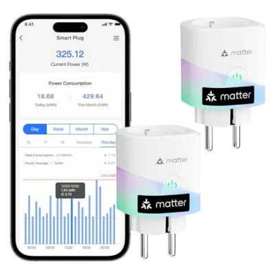 Image de Meross Prise Connectée Matter (Type F), Lot de 2 WiFi Compatible avec Apple Home, Alexa et Google 16A Suivi Consommation d&#039;Énergie pour Panneau Solaire Photovoltaïque