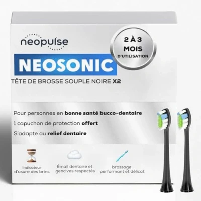 Image de NEOPULSE® Lot de 2 Recharges Têtes Brosse Souples Noires en Nylon pour à Dents Électrique Sonique NEOSONIC® Compatible NEOKIDS® 3D : Brins courts et longs Indicateur d&#039;Usure