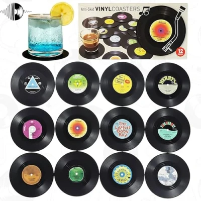 Image de 12 Pièces Dessous de Verre en Vinyle Rétro CD sous Verres,Dessous Verre,sous pour Disque Vinyle,pour Café Forme Thé Bière Vin Bouteille avec Support