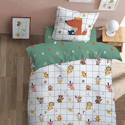 Image de MATT &amp; ROSE Parure de Lit Garçon 140x200 cm Karo ANIMO 100% Coton Oeko TEX Housse Couette Enfant + 1 Taie d&#039;oreiller 63x63 Imprimées Réversibles Blanc, Vert
