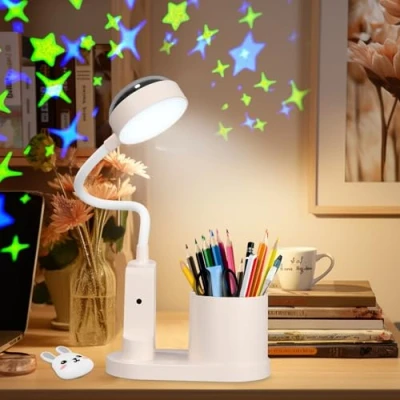 Image de Zaxiva Lampe de Bureau LED pour Enfants, Lampes Table Sans Fil Rechargeable avec Projection d&#039;étoile, Chevet Porte stylo, 3 Luminosité Dimmable Lectuire Enfants