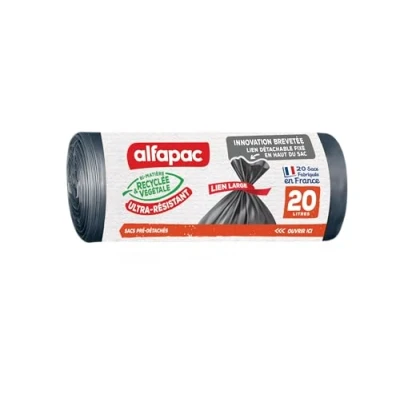 Image de Alfapac 20 Sacs 20L Recyclés Maxi Poids à Lien Large Noir