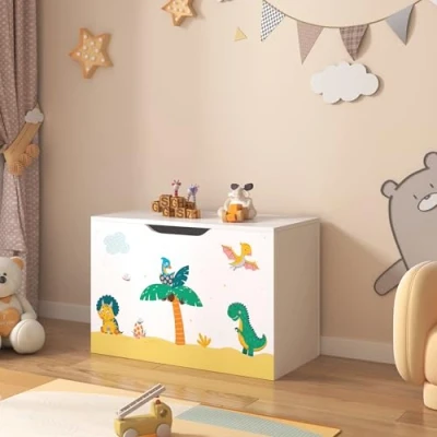 Image de [en.casa] Coffre à Jouets pour Enfant Meuble de Rangement Couvercle Rabattable Banc Motif Dinosaures Capacité Charge 70 kg Panneau Particules 40 x 60 30 cm Blanc Vert Jaune