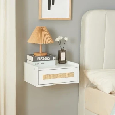 Image de [en.casa] Étagère Murale Design Intemporel avec Tiroir Intégré Table de Chevet Suspendue Capacité Charge 10 kg Panneau Particules Plastique 40 x 30 17 cm Blanc Aspect Rotin