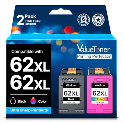Image de Valuetoner 62XL Cartouches d&#039;encre Remplacement pour HP 62 Envy 5540 5640 5642 5644 5646 7640 5660 7644 OfficeJet 250 200 5740 5742 (Noir Tri Colore, 2 Pack)