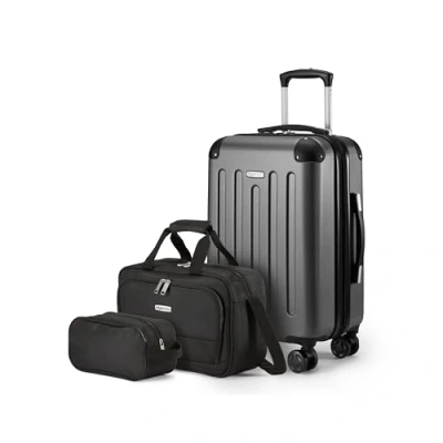 Image de Amazon Basics Ensemble de Bagages Rigides, 3 Pièces, Bagage Cabine, Sac Fourre Tout, Voyage Compact, Extensible, 4 roulettes Pivotantes, Noir